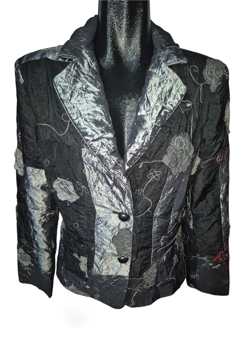 Proportion Petite Conrad C Black & Grey Floral Crinkle Satin Patchwork Blazer 10